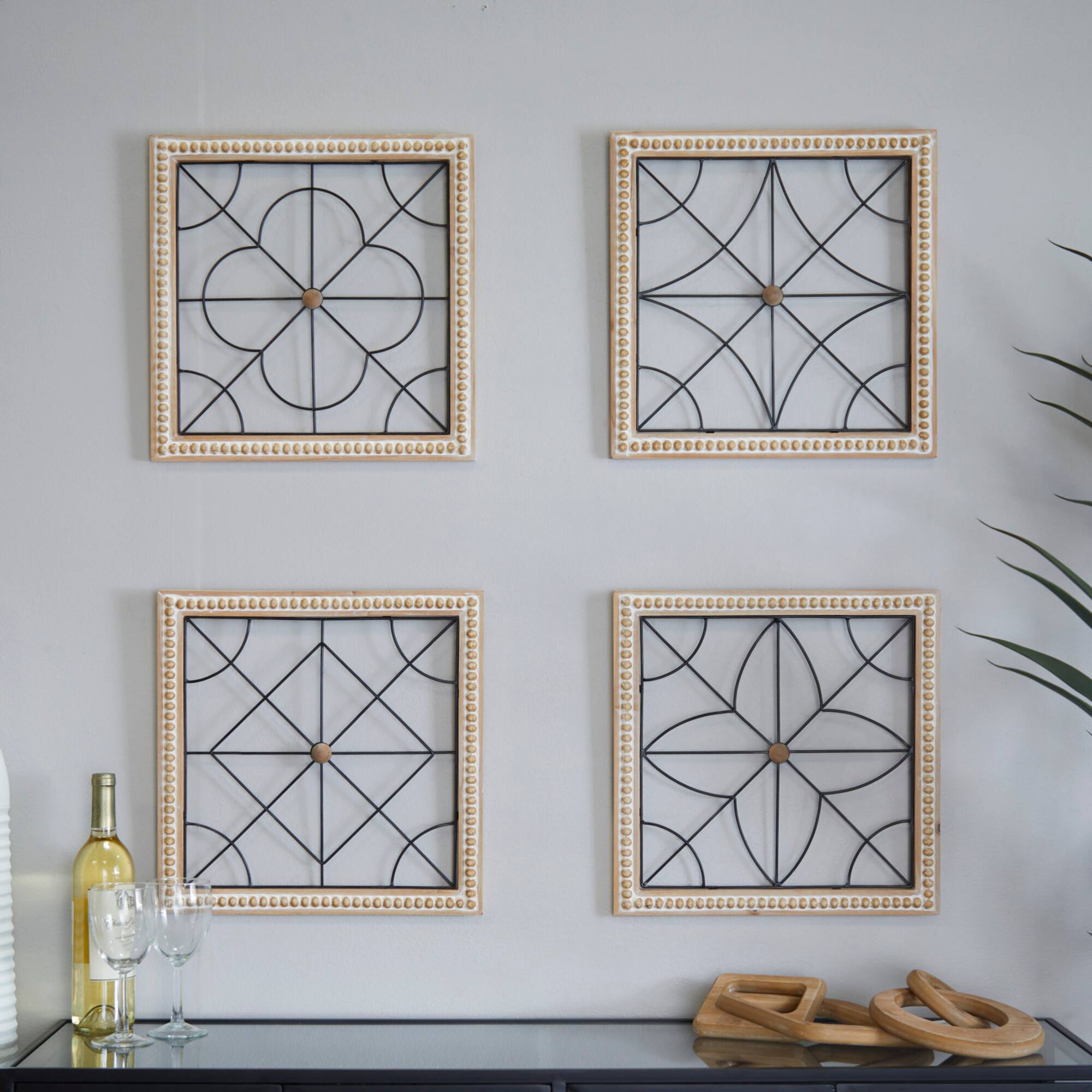 Brown Wood Carved Beading Geometric Wall Decor with Metal Wire Set of 4 16", 16"